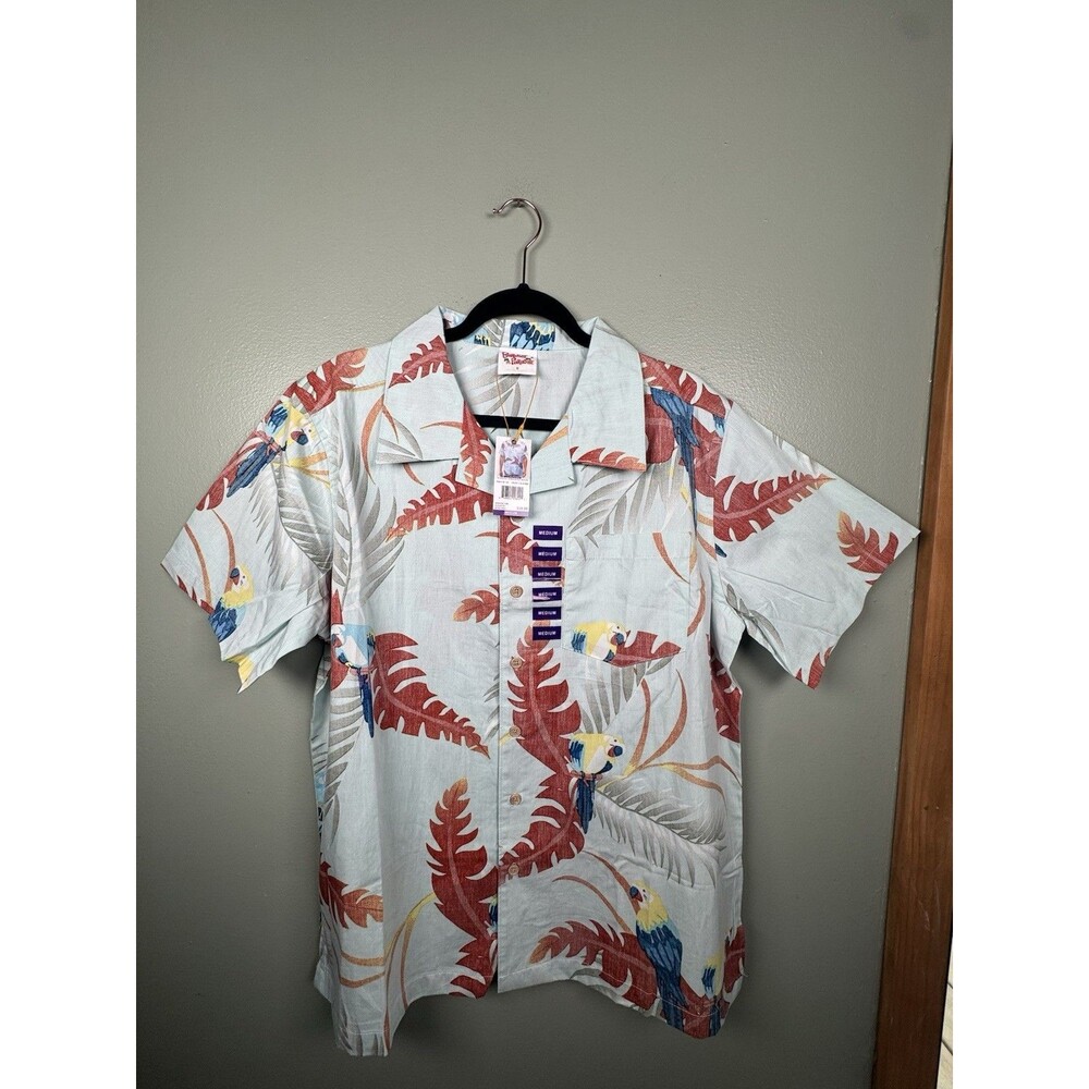 BareFoot In Paradise Hawaiian Shirt Size M Blue‎ Bird Parrot Button Cotton NEW